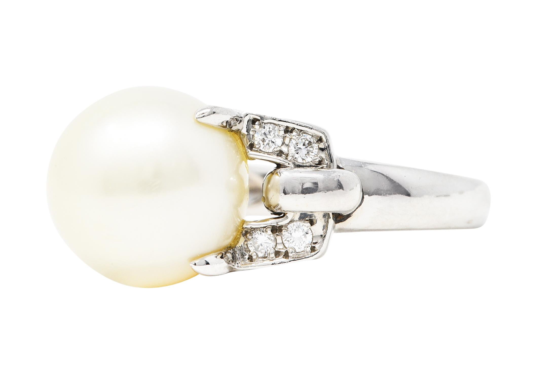 Women's or Men's Mid-Century Diamond Pearl Platinum Buckle Cocktail Ring