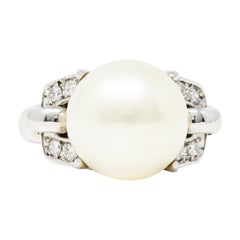 Mid-Century Diamond Pearl Platinum Buckle Cocktail Ring