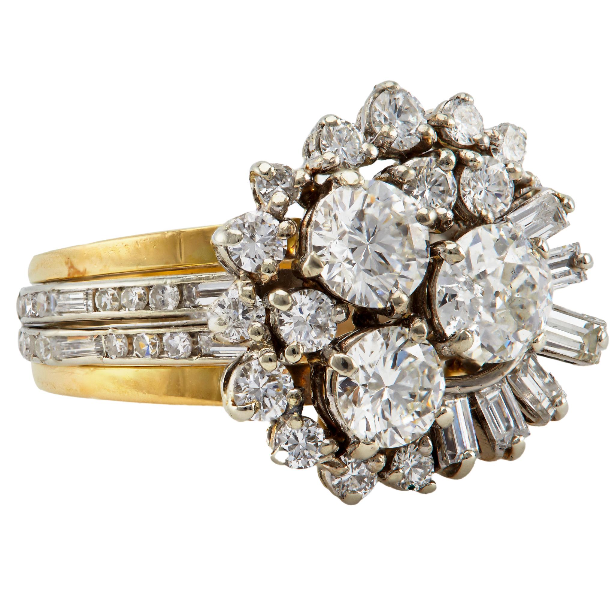 Women's or Men's Mid Century Diamond Platinum 18k Yellow Gold Cluster Cocktail Ring