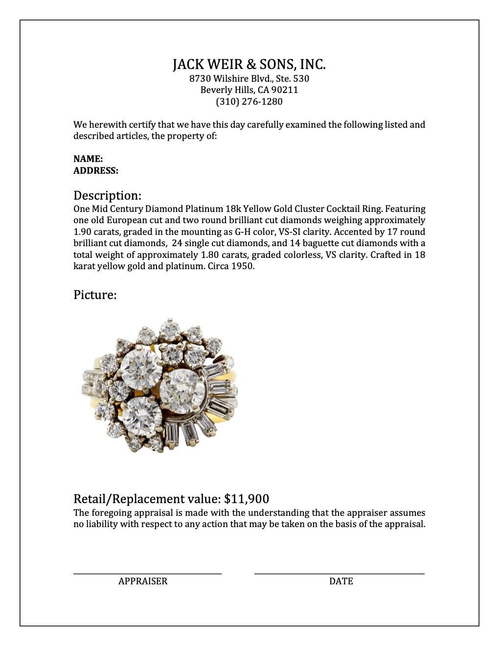Mid Century Diamond Platinum 18k Yellow Gold Cluster Cocktail Ring 1