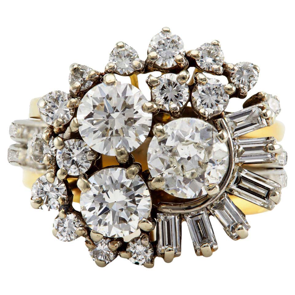 Mid Century Diamond 18k Yellow Gold Cocktail Ring For Sale at 1stDibs