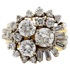 Mid Century Diamond Platinum 18k Yellow Gold Cluster Cocktail Ring