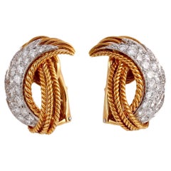 Mid Century Diamond Platinum 18k Yellow Gold Ear Clip Earrings