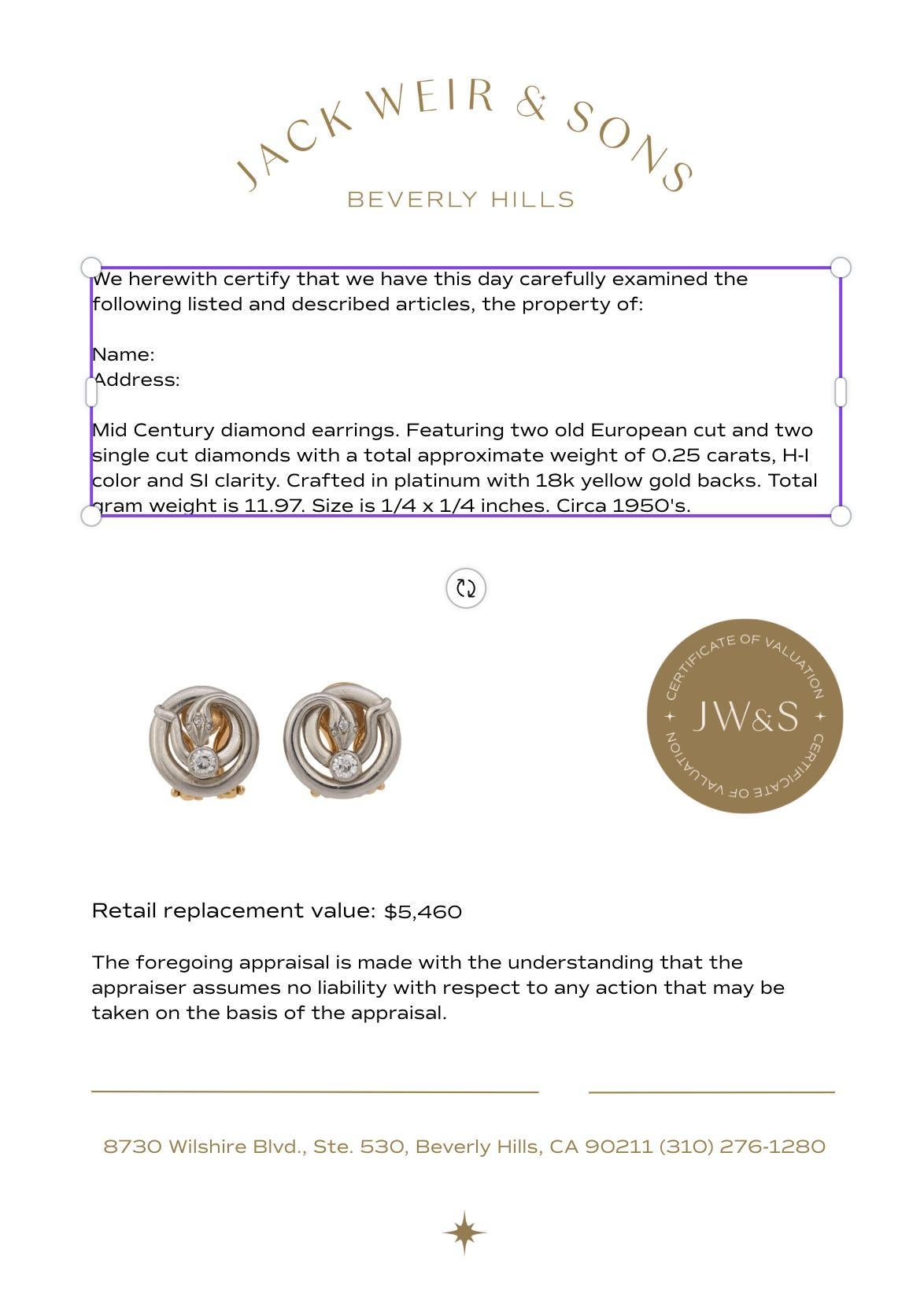 Boucles d'oreilles clip serpent en diamant, platine et or jaune 18k du milieu du siècle Pour femmes en vente