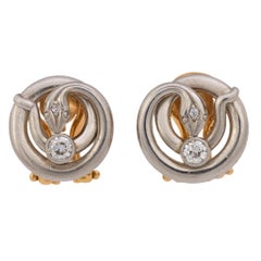 Mid Century diamond platinum 18k yellow gold snake clip on earrings