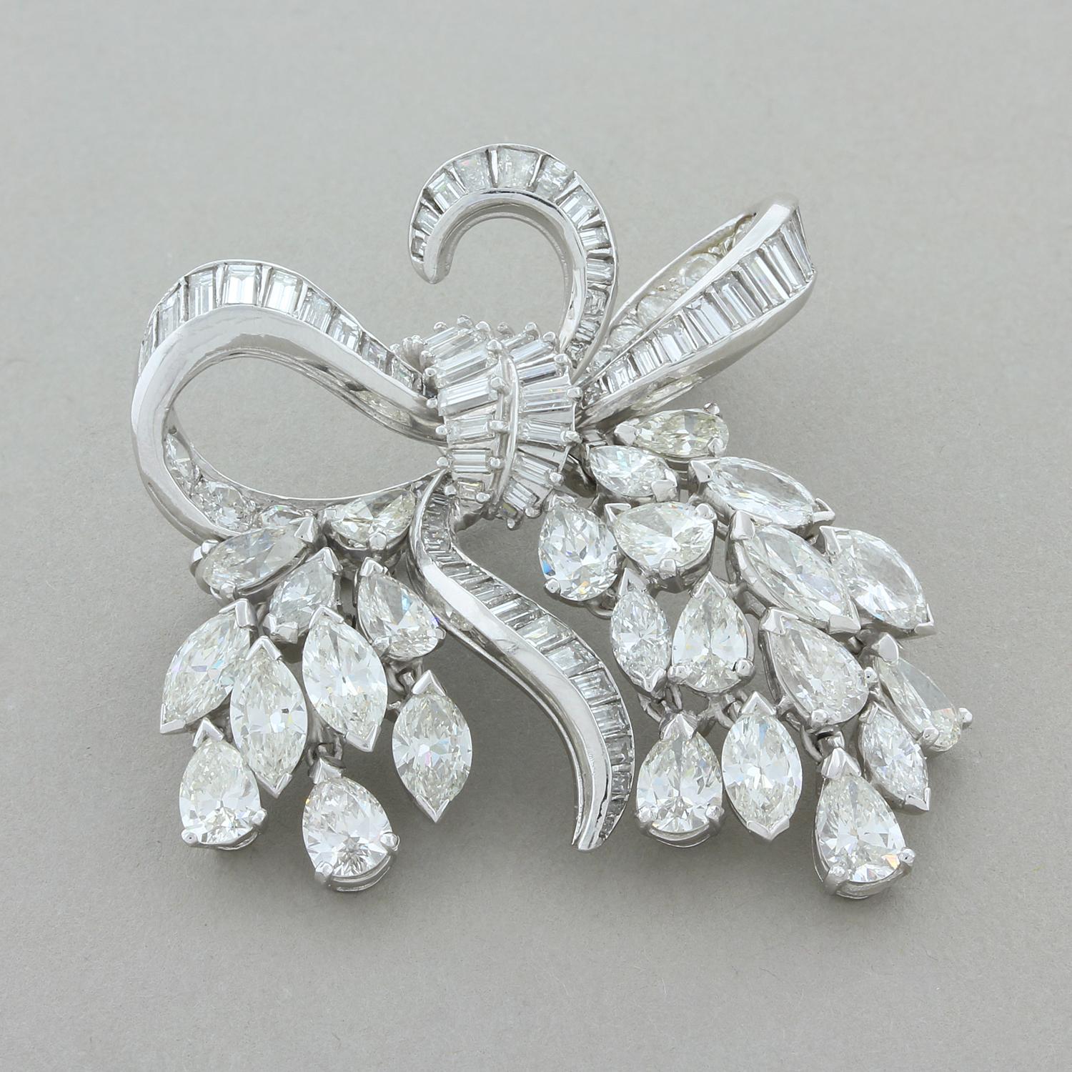 Midcentury Diamond Platinum Bow Pendant Brooch In Excellent Condition In Beverly Hills, CA