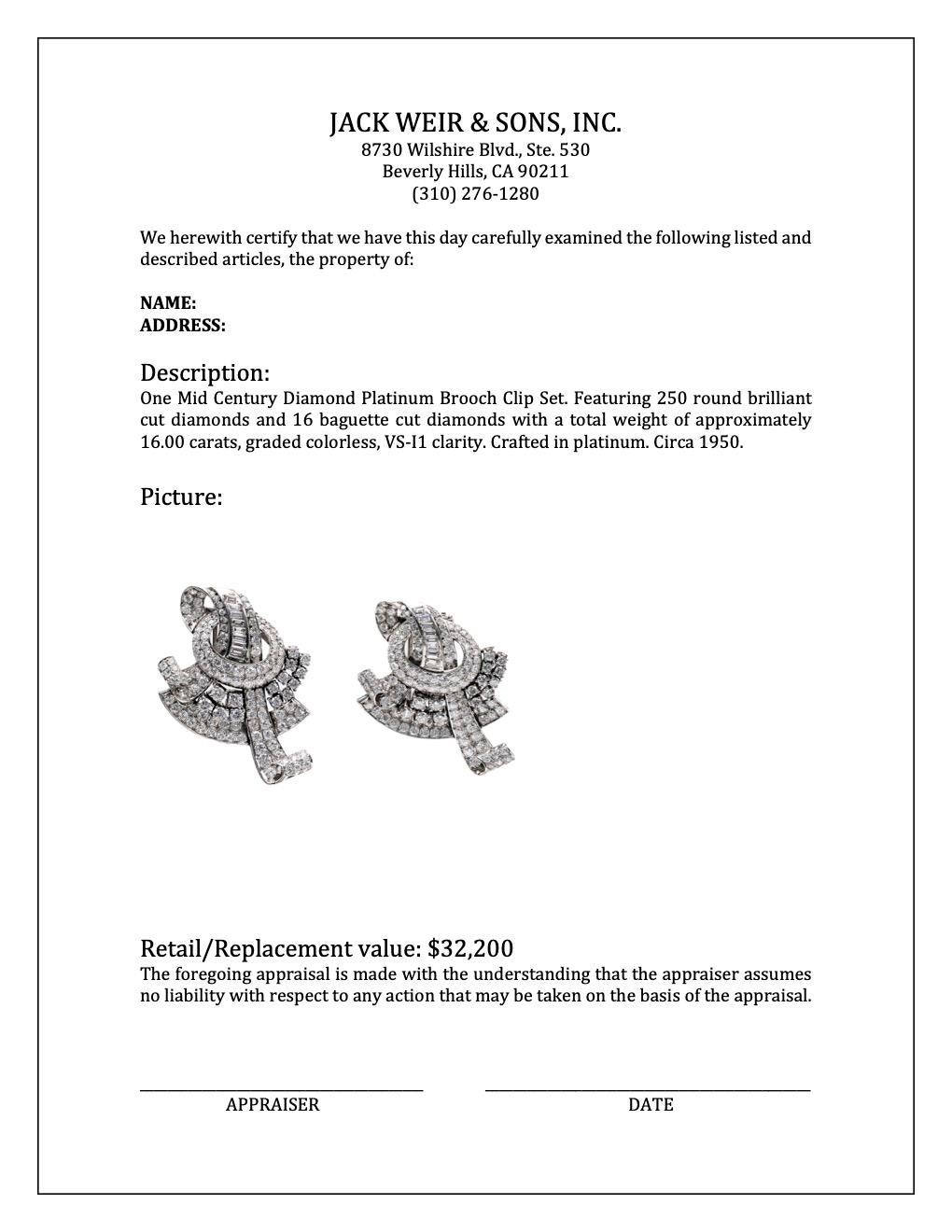 Mid Century Diamond Platinum Brooch Clip Set 2