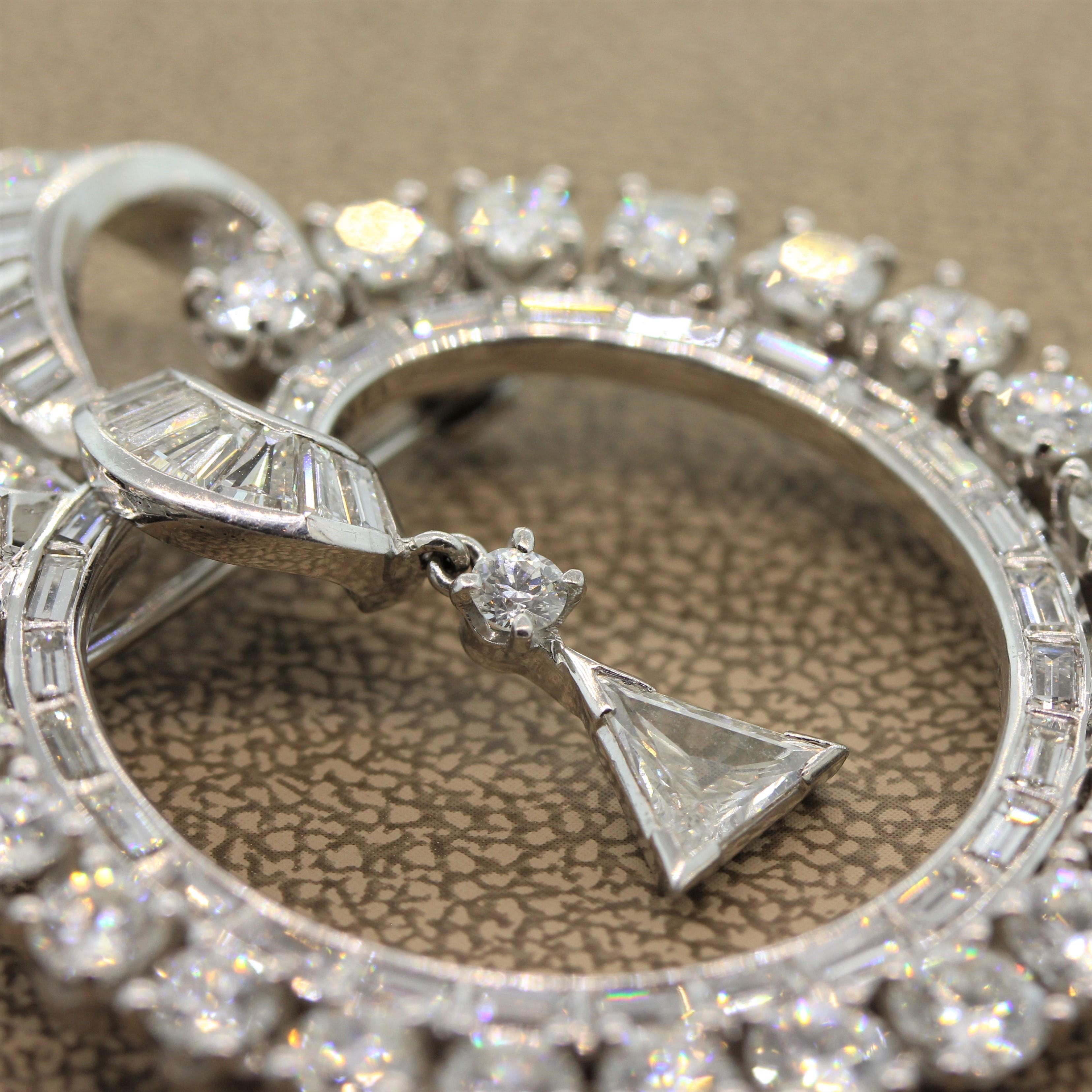 Women's Midcentury Diamond Platinum Circular Wreath Bow Brooch-Pendant