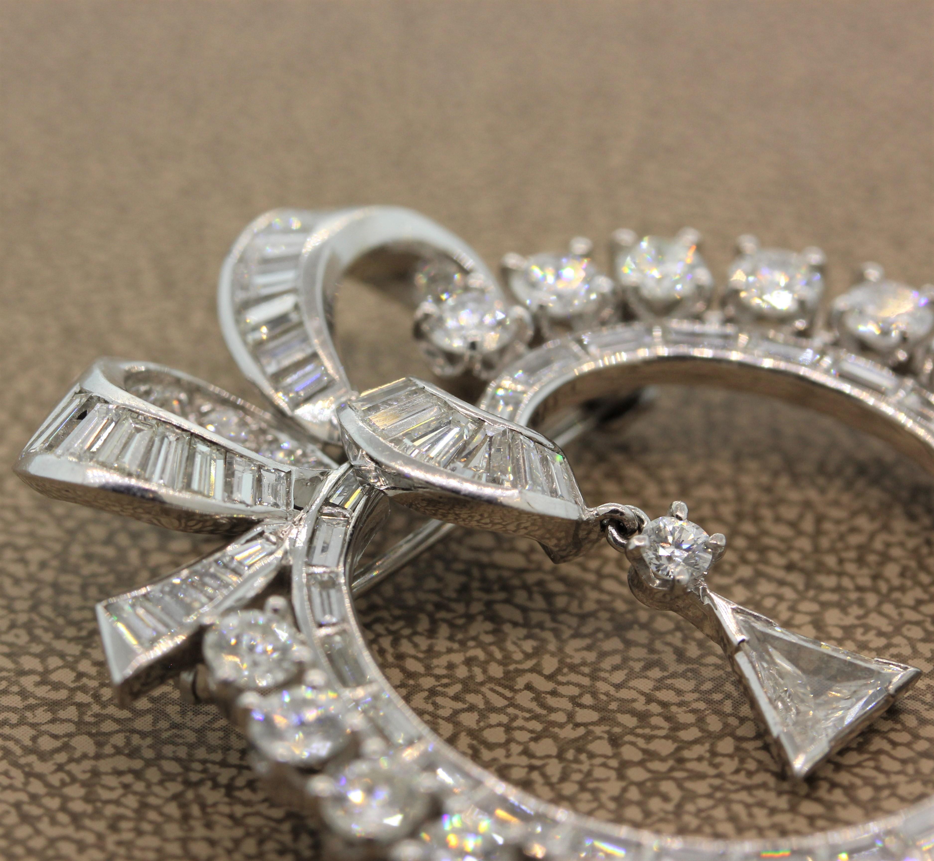 Midcentury Diamond Platinum Circular Wreath Bow Brooch-Pendant 1