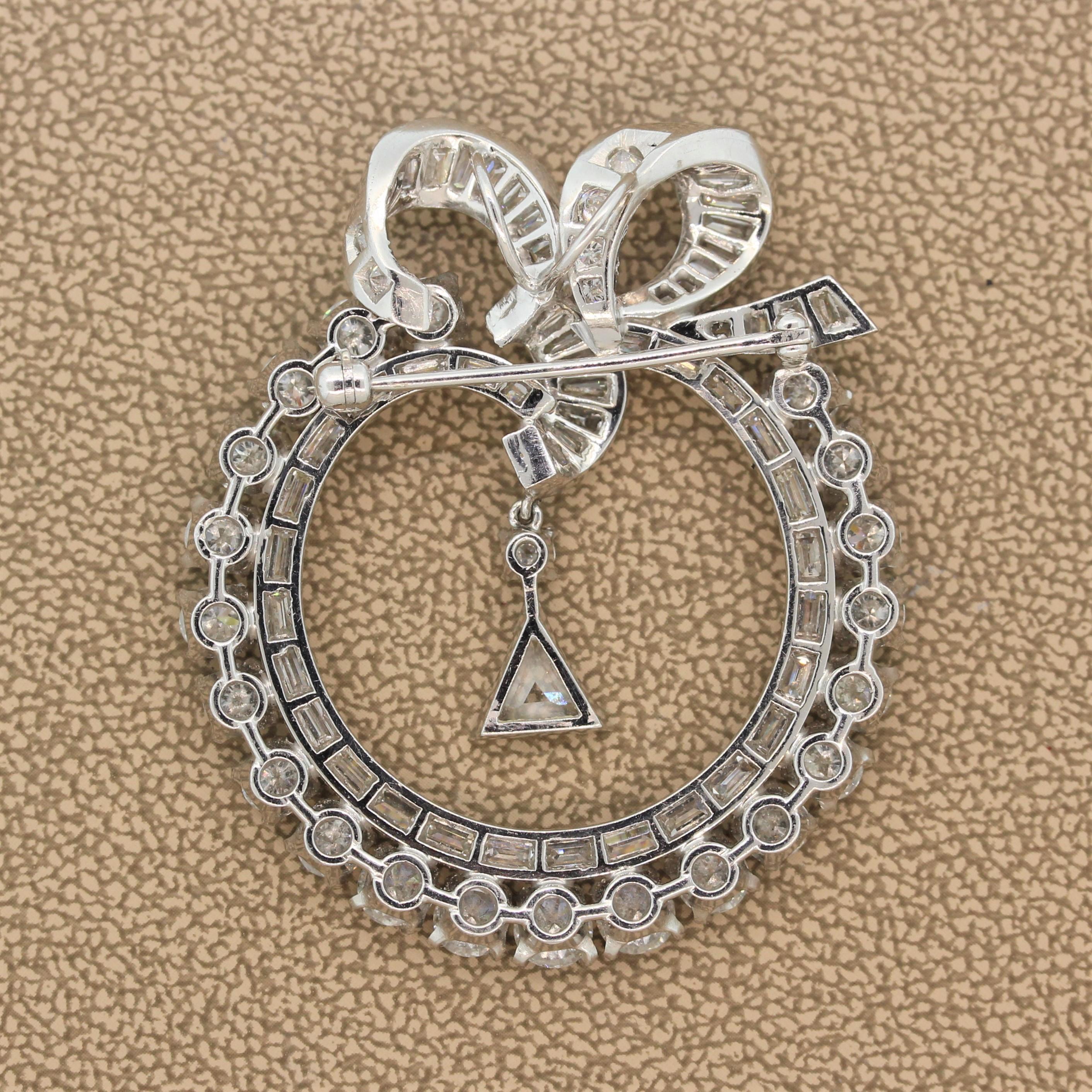 Midcentury Diamond Platinum Circular Wreath Bow Brooch-Pendant 4