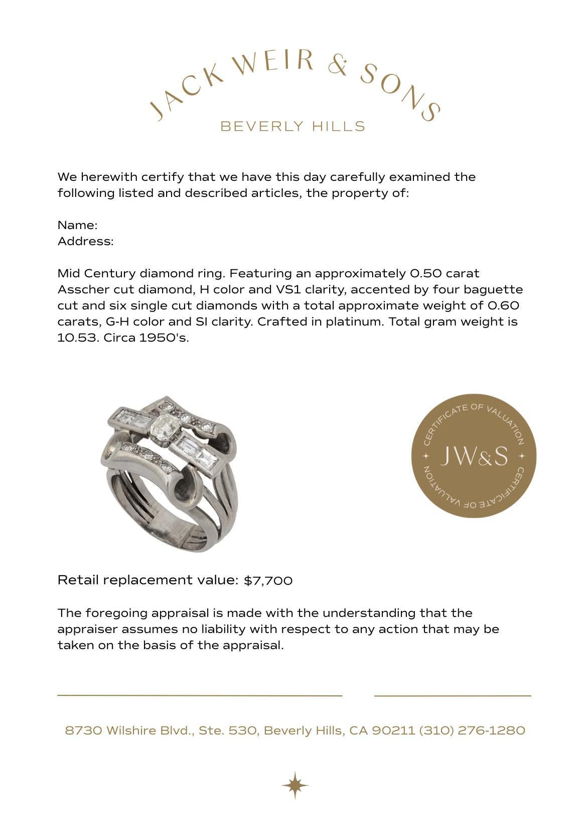 Anillo de cóctel Mid Century diamante platino Corte Asscher en venta