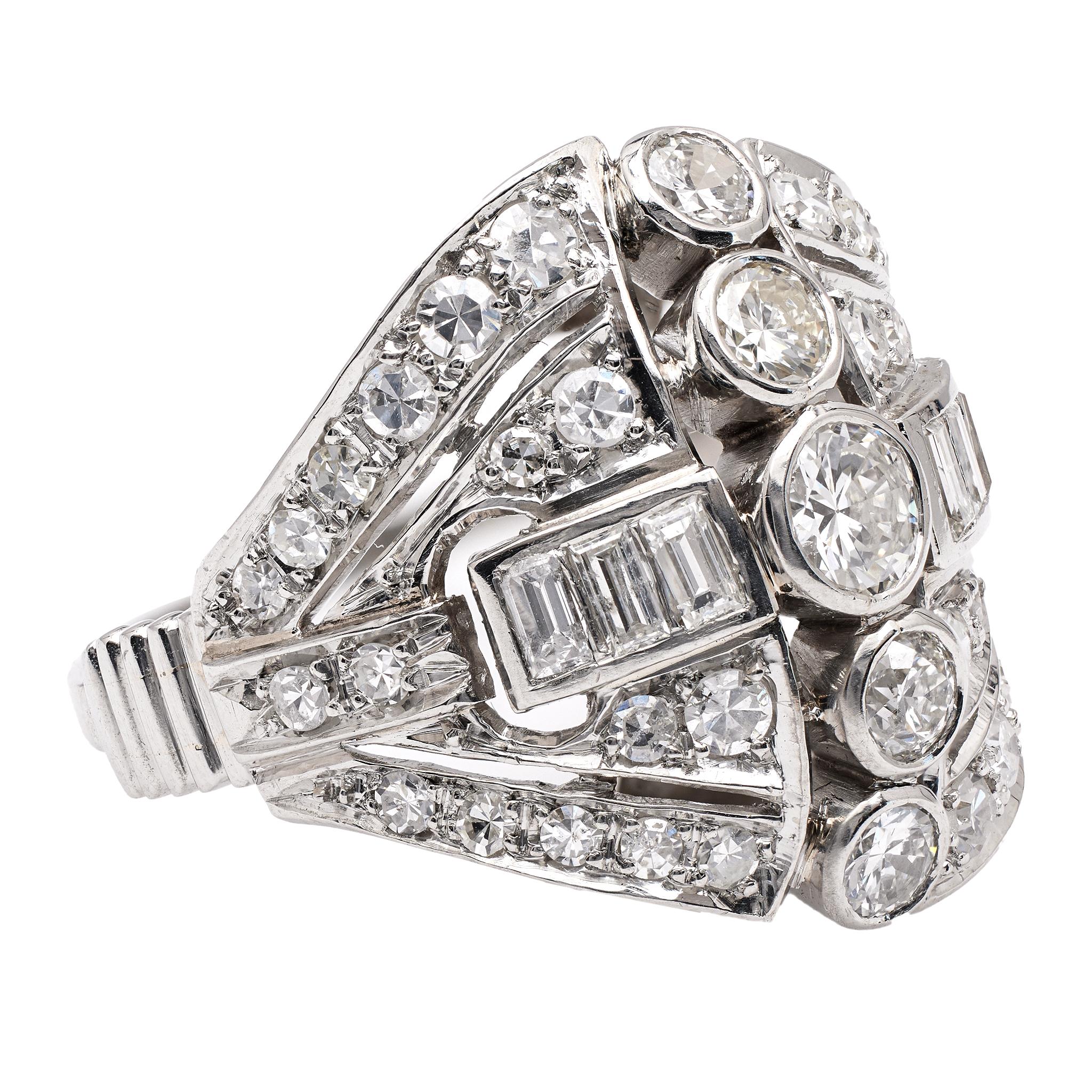 Women's or Men's Mid Century Diamond Platinum Cocktail Ring For Sale
