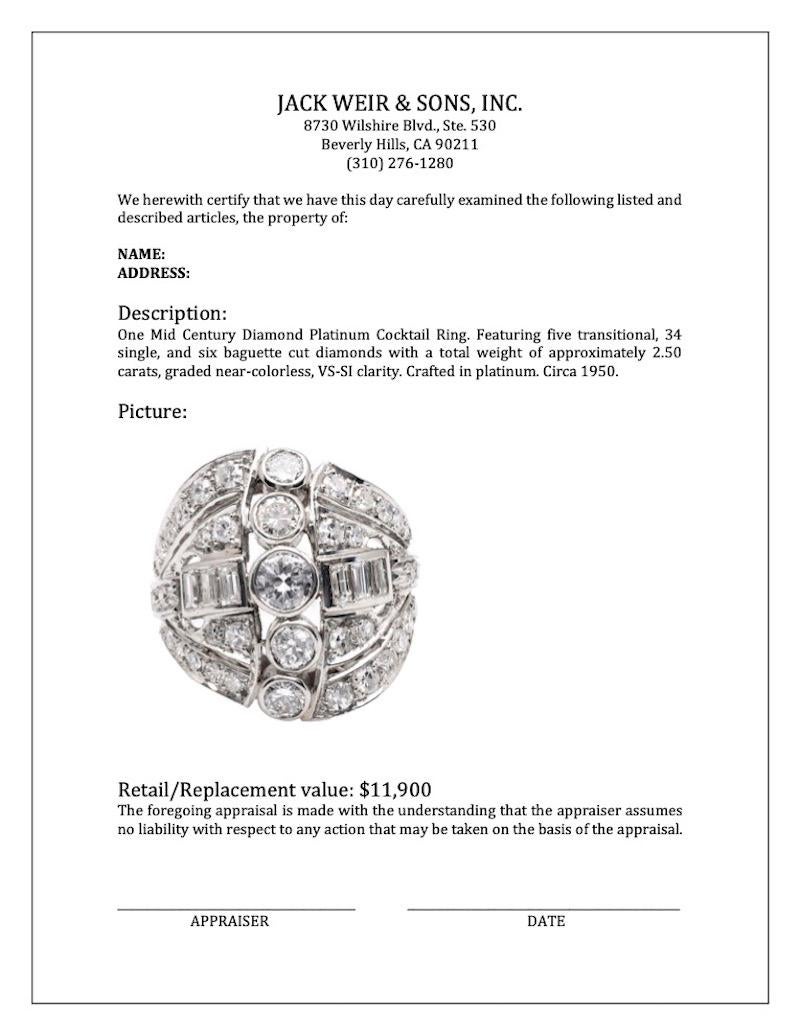 Mid Century Diamond Platinum Cocktail Ring For Sale 1