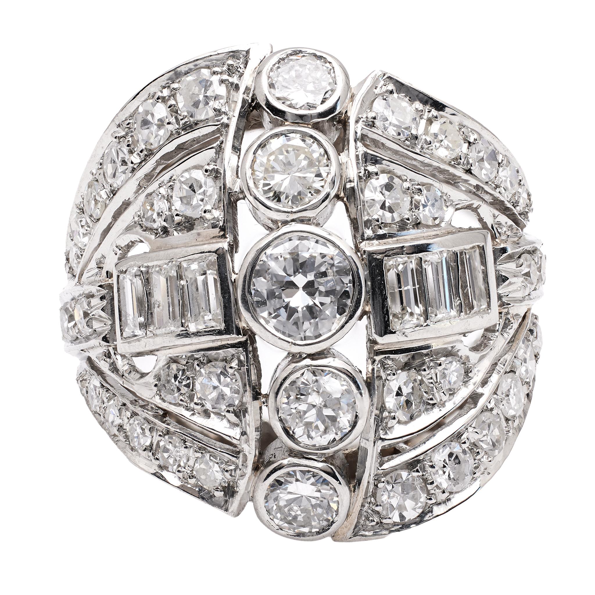 Mid Century Diamond Platinum Cocktail Ring For Sale
