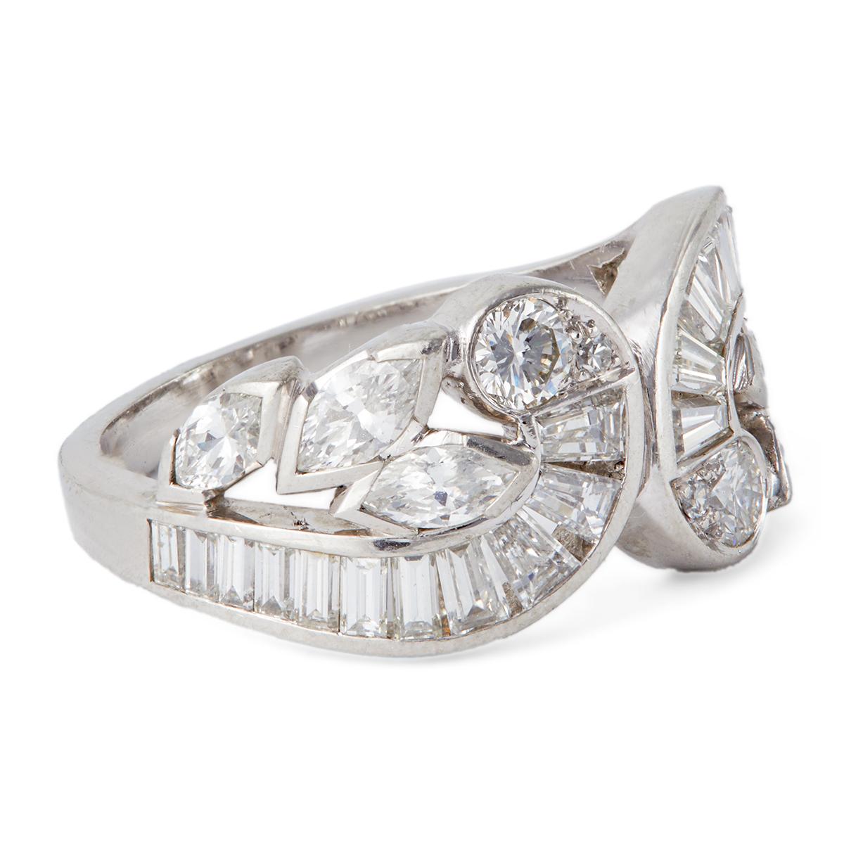 Midcentury Diamond Platinum Double Swirl Ring In Good Condition In Beverly Hills, CA