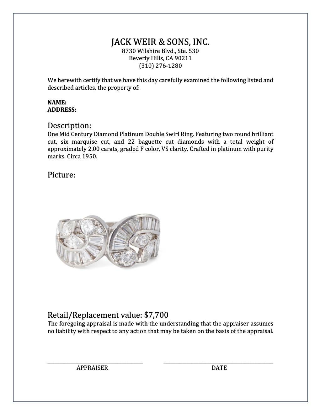 Midcentury Diamond Platinum Double Swirl Ring 1