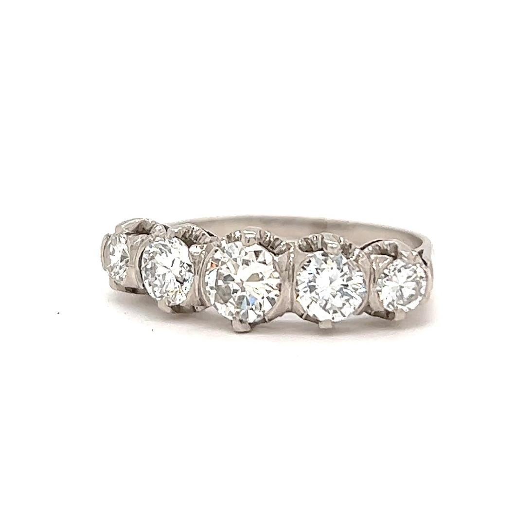 Mid Century 1.70 Carat Diamond Platinum Five Stone Ring In Excellent Condition In Beverly Hills, CA