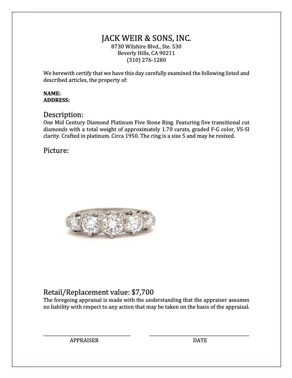Mid Century 1.70 Carat Diamond Platinum Five Stone Ring 1