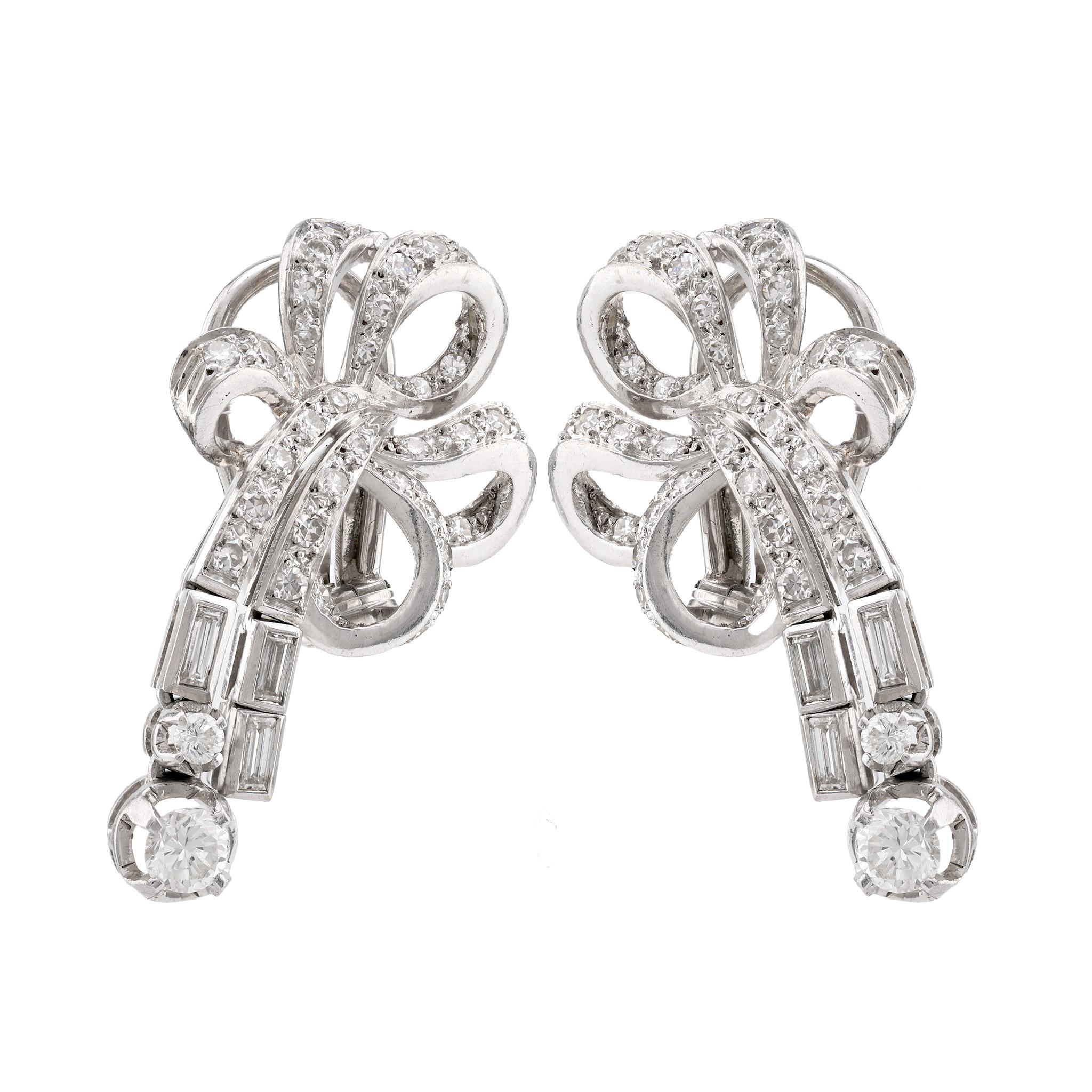 Baguette Cut Mid Century Diamond Platinum Ribbon Earrings