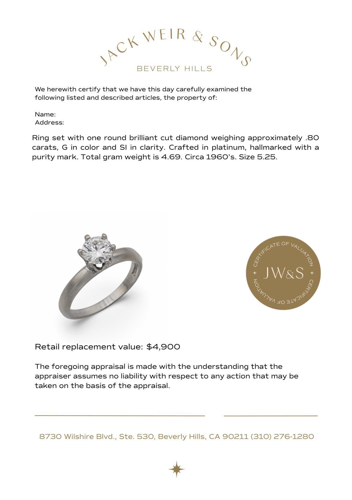 Bague de fiançailles solitaire en platine et diamant du milieu du siècle en vente 2