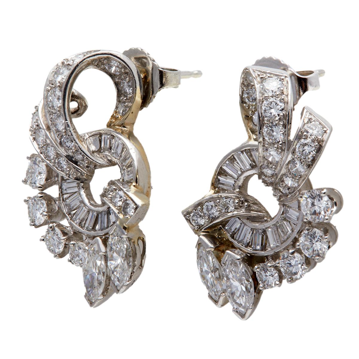 Women's or Men's Midcentury Diamond Platinum Swirl Earrings