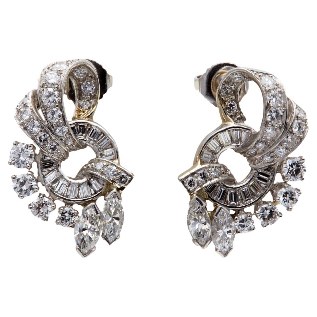 Midcentury Diamond Platinum Swirl Earrings