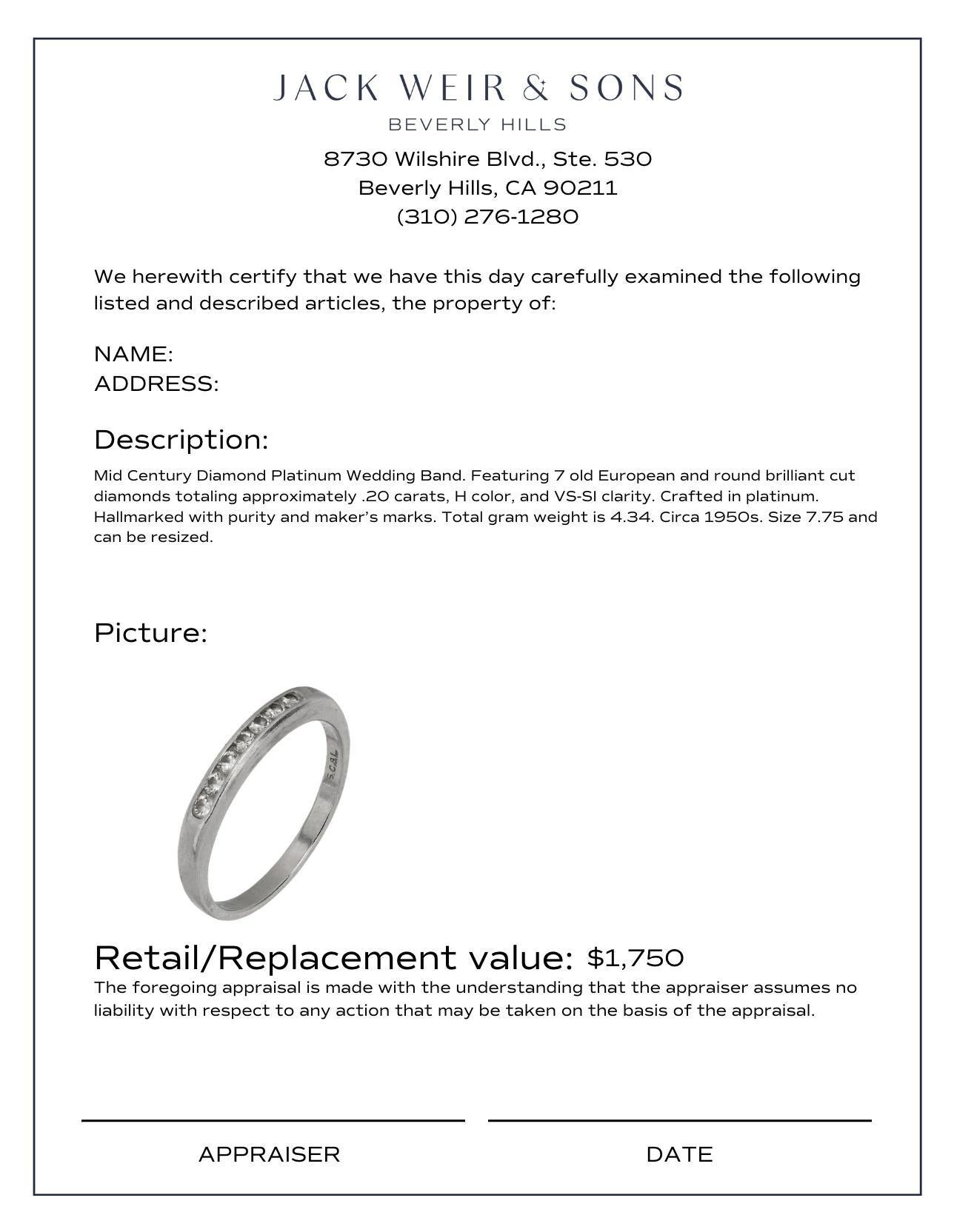 Diamant-Platin-Trauring aus der Mitte des Jahrhunderts im Zustand „Gut“ im Angebot in Beverly Hills, CA