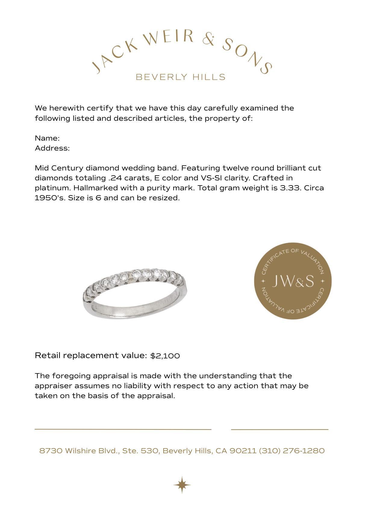 Mid Century diamond platinum wedding band In Good Condition For Sale In Beverly Hills, CA