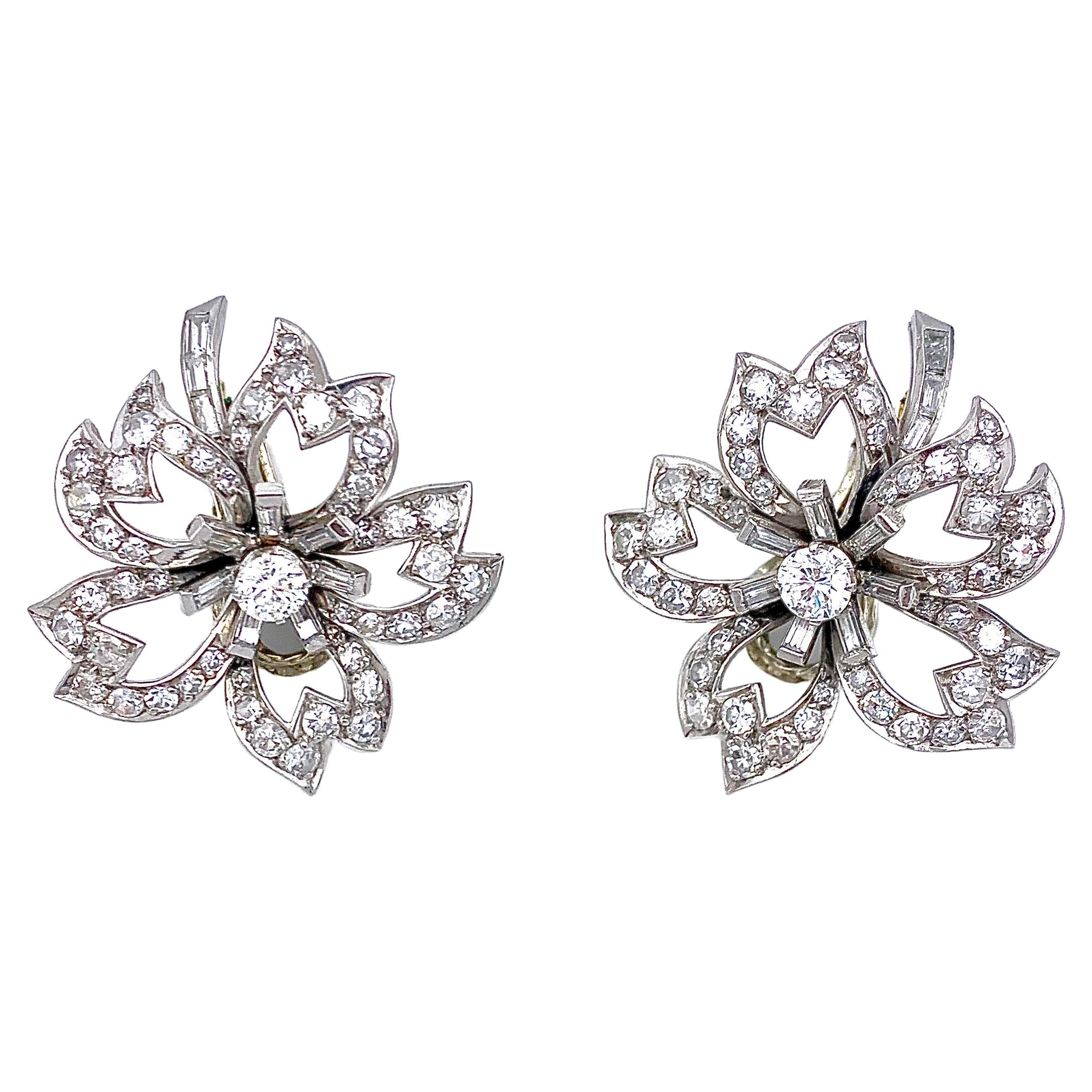 1960s Diamond Platinum White Gold Clipon Earrings For Sale at 1stDibs