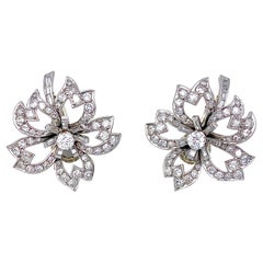 Mid-Century Diamond Platinum White Gold Flowers Clip-On Earrings