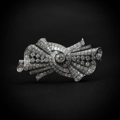 Mid-Century Diamond Ribbon Swirl Plaque Brooch Platinum 1950s–1960s