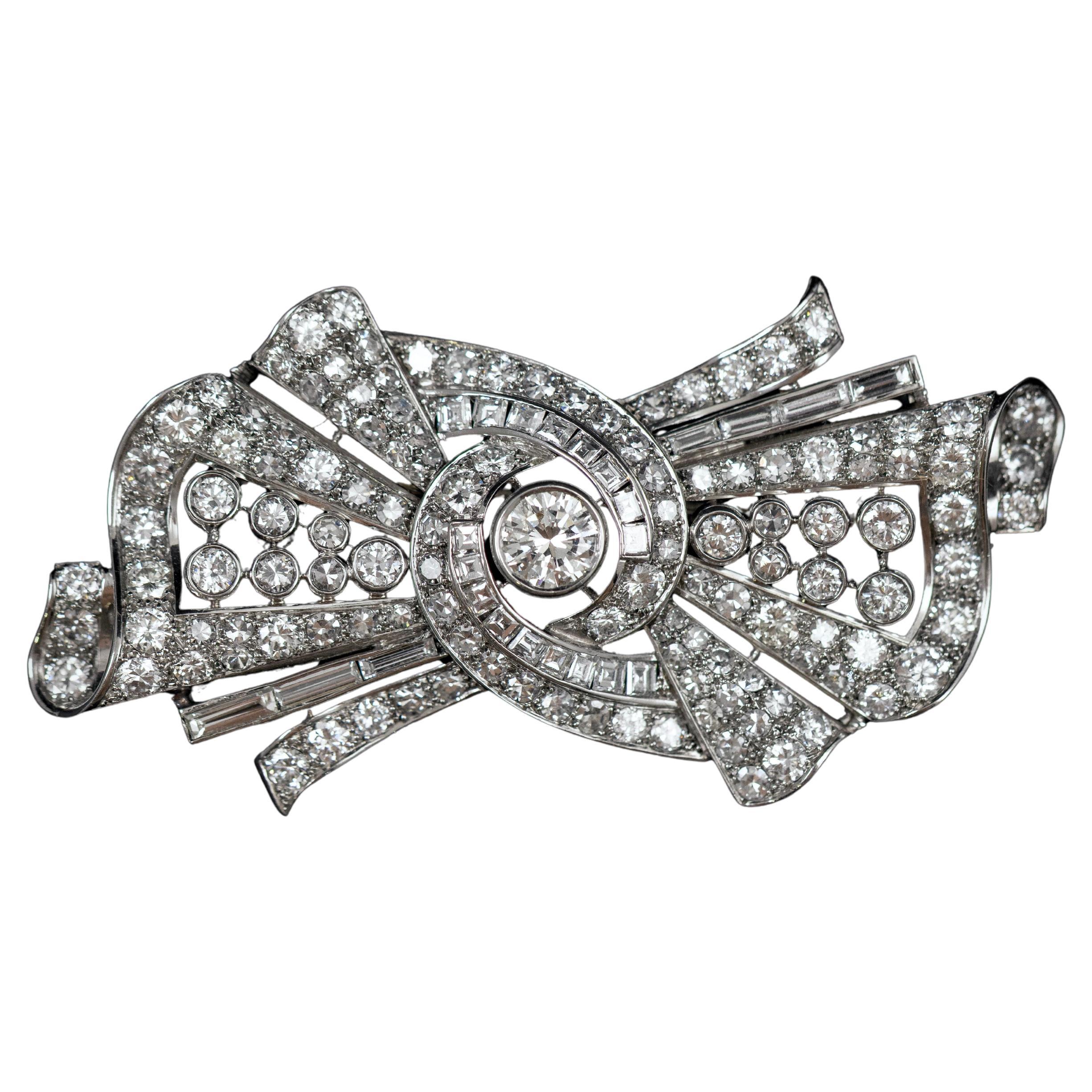 Mid-Century Diamond Ribbon Swirl Plaque Brooch Platinum 1950s–1960s