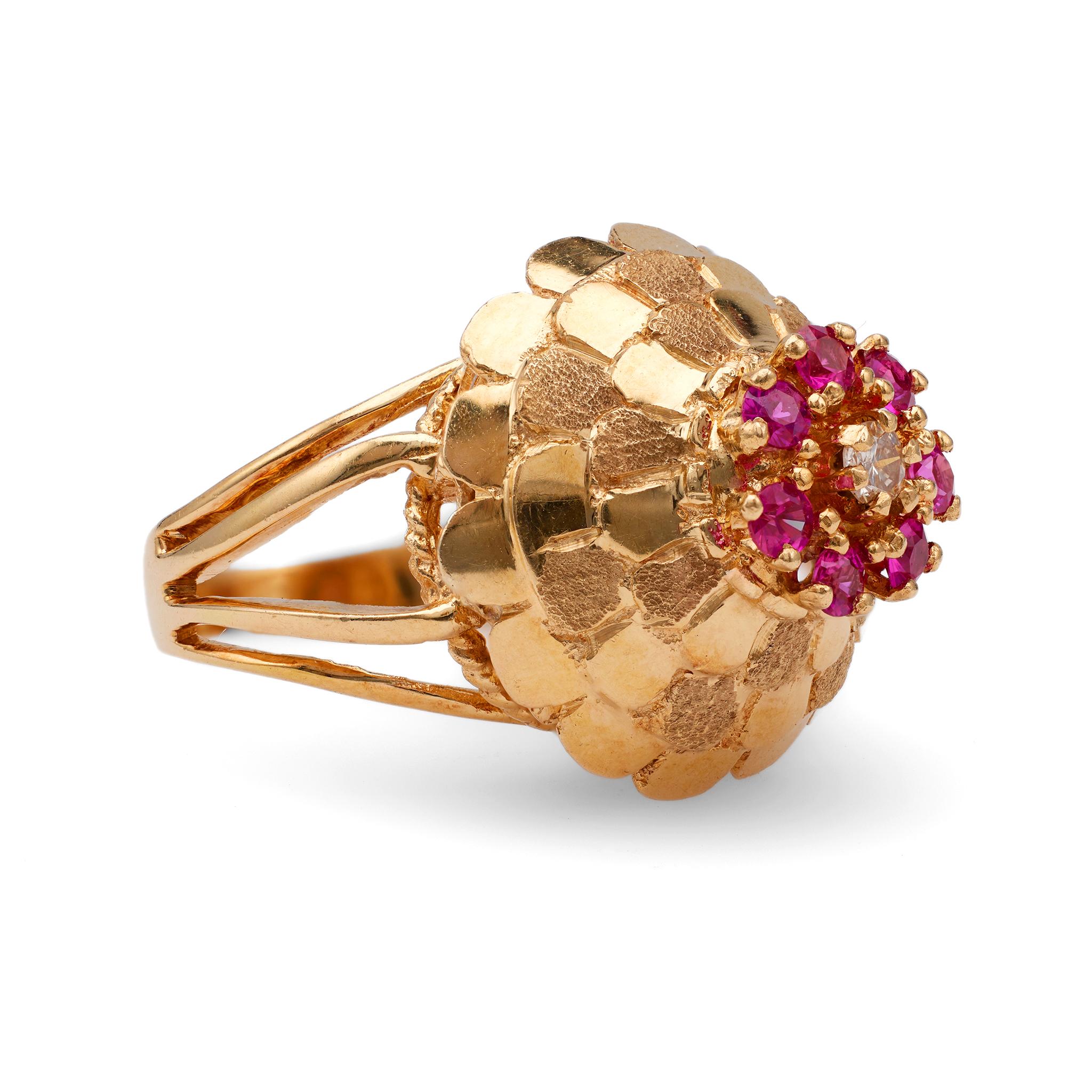 Mid-Century Diamond Ruby 18k Yellow Gold Cocktail Ring In Good Condition In Beverly Hills, CA