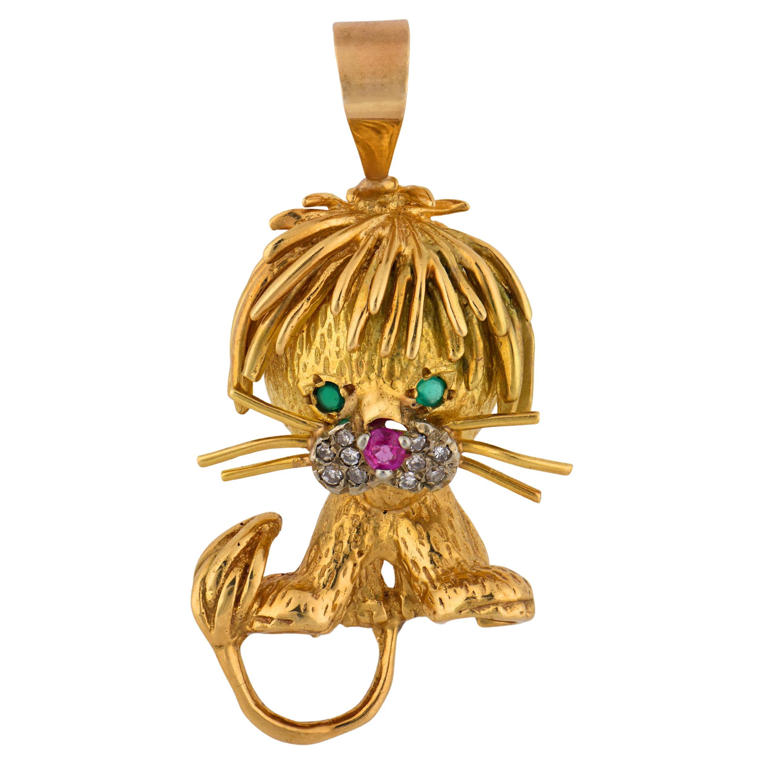 Mid Century diamond ruby emerald 18k yellow gold lion pendant
