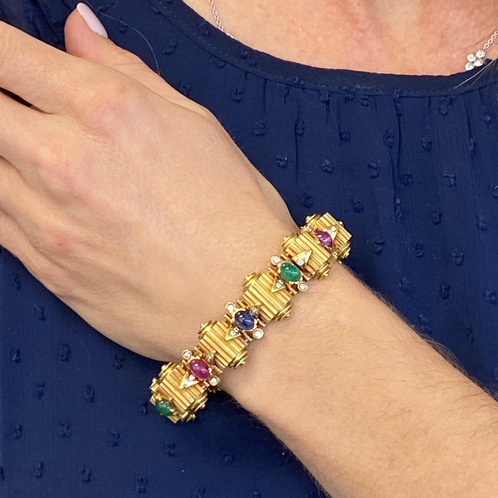 Contemporary Mid-Century Diamond Ruby Emerald Sapphire Ribbed 14K Yellow Gold Bracelet