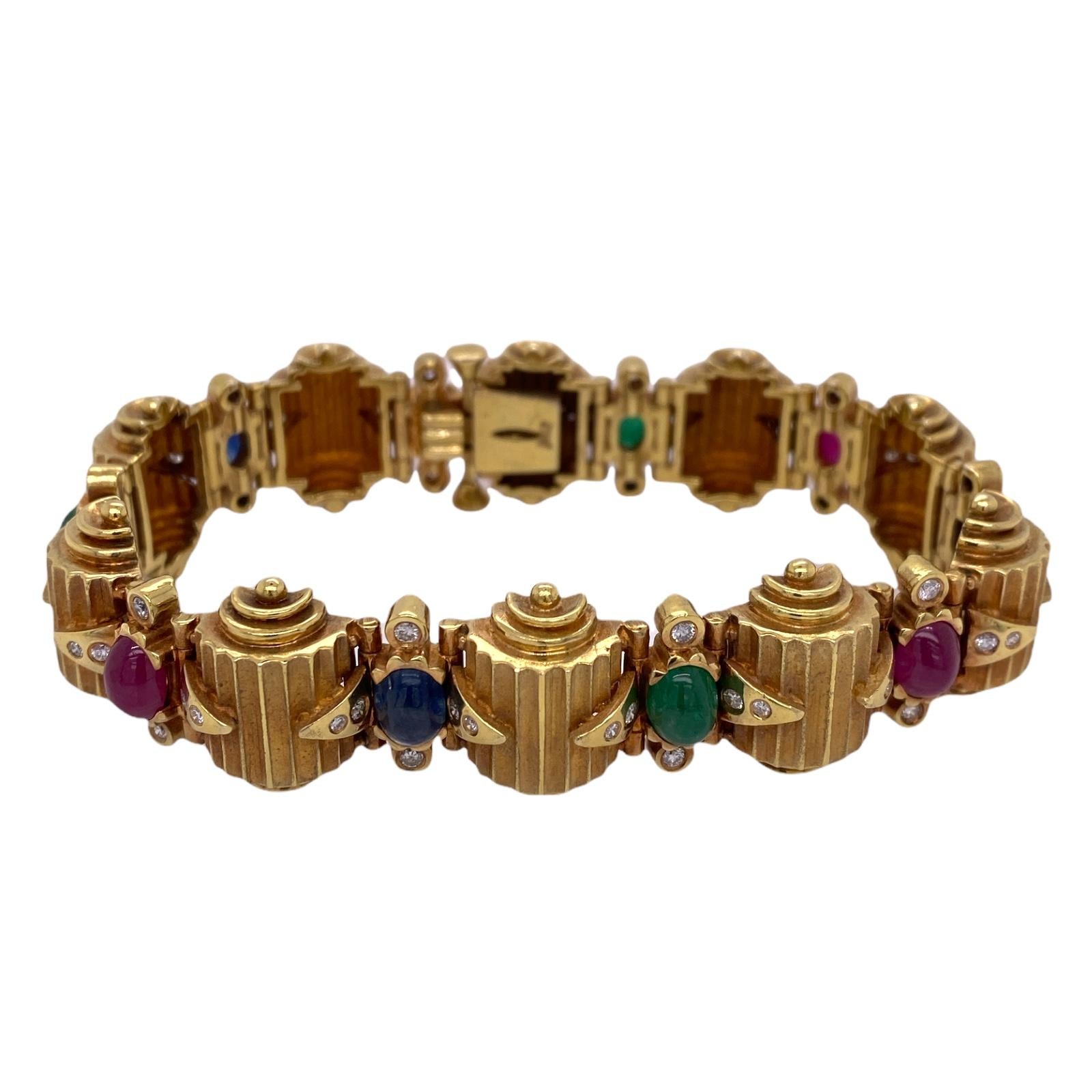 Cabochon Mid-Century Diamond Ruby Emerald Sapphire Ribbed 14K Yellow Gold Bracelet