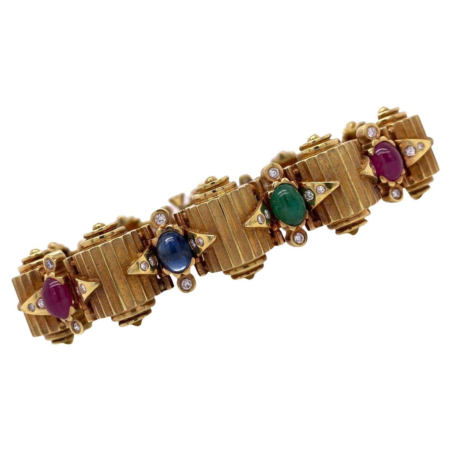 Mid-Century Diamond Ruby Emerald Sapphire Ribbed 14K Yellow Gold Bracelet