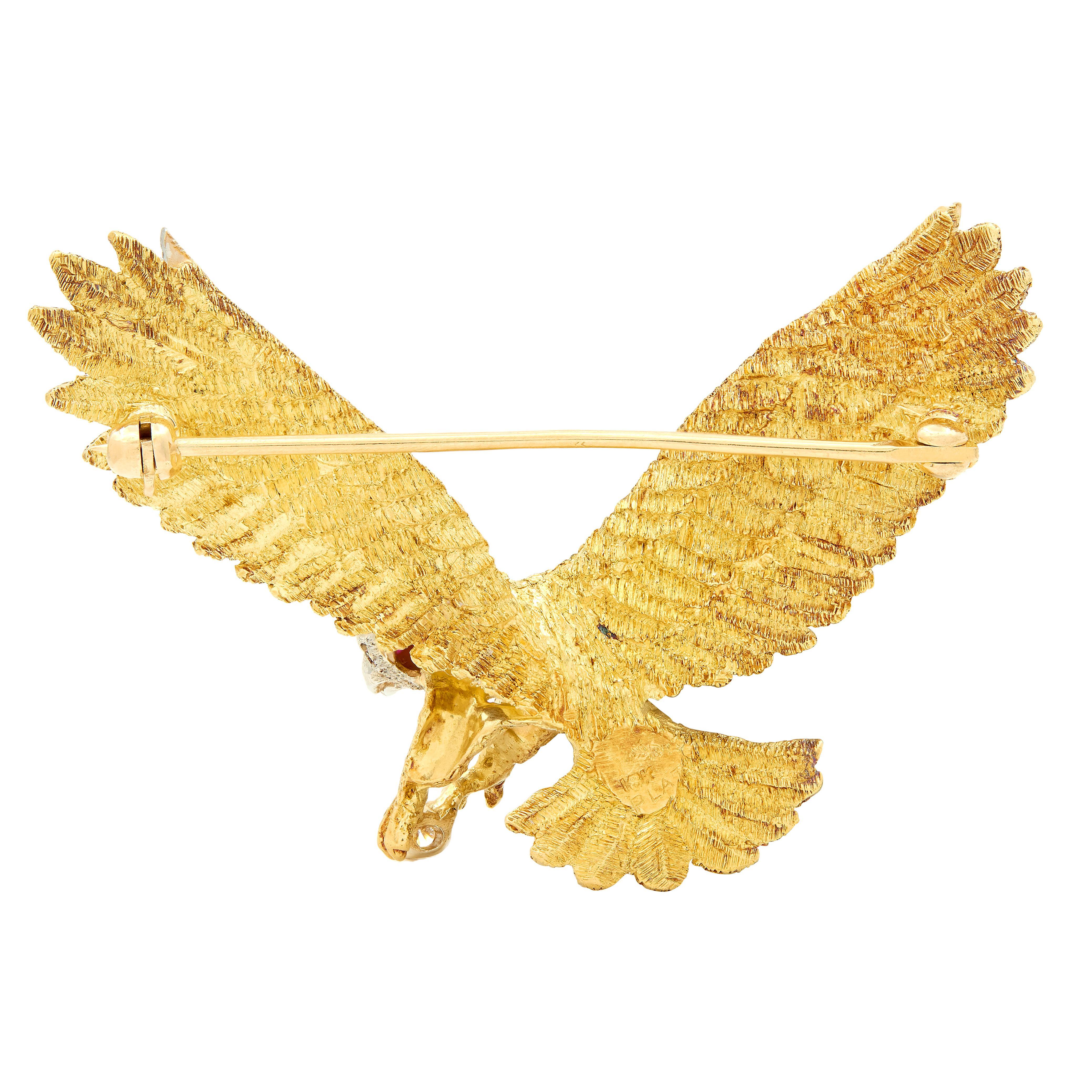 Modern Mid-Century Diamond Ruby Platinum 18K Two-Tone Gold Vintage Bald Eagle Brooch For Sale