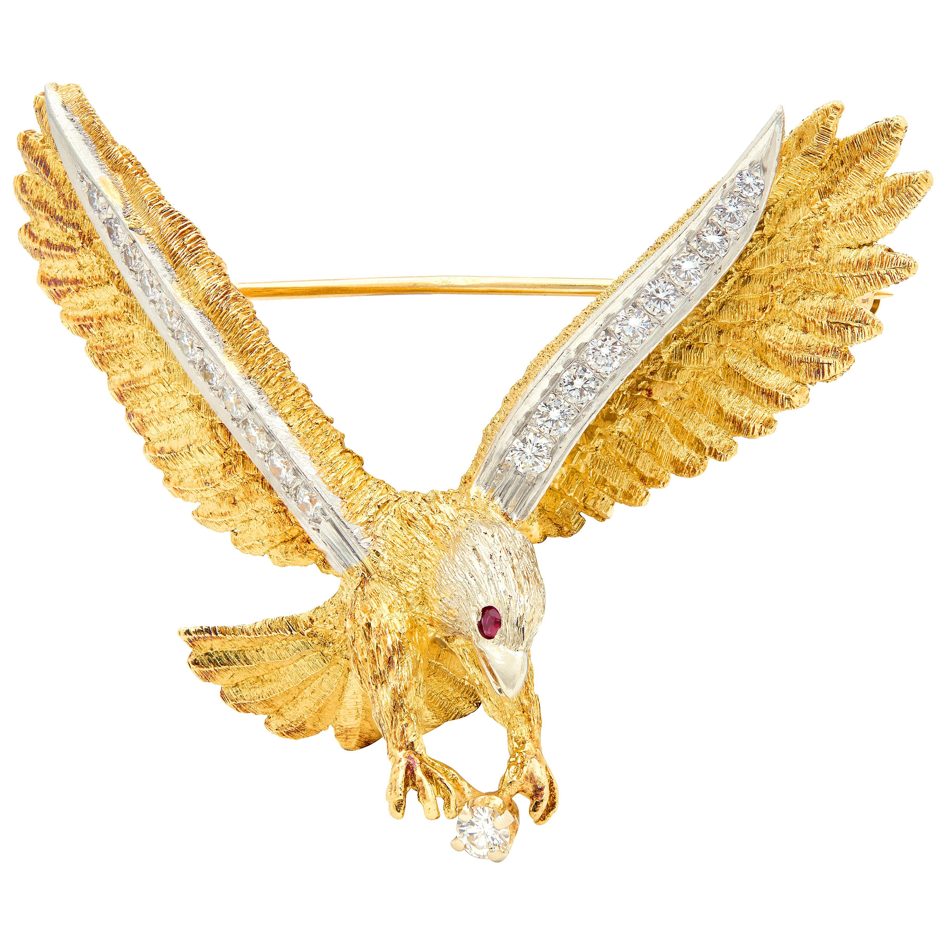 Brilliant Cut Mid-Century Diamond Ruby Platinum 18K Two-Tone Gold Vintage Bald Eagle Brooch For Sale