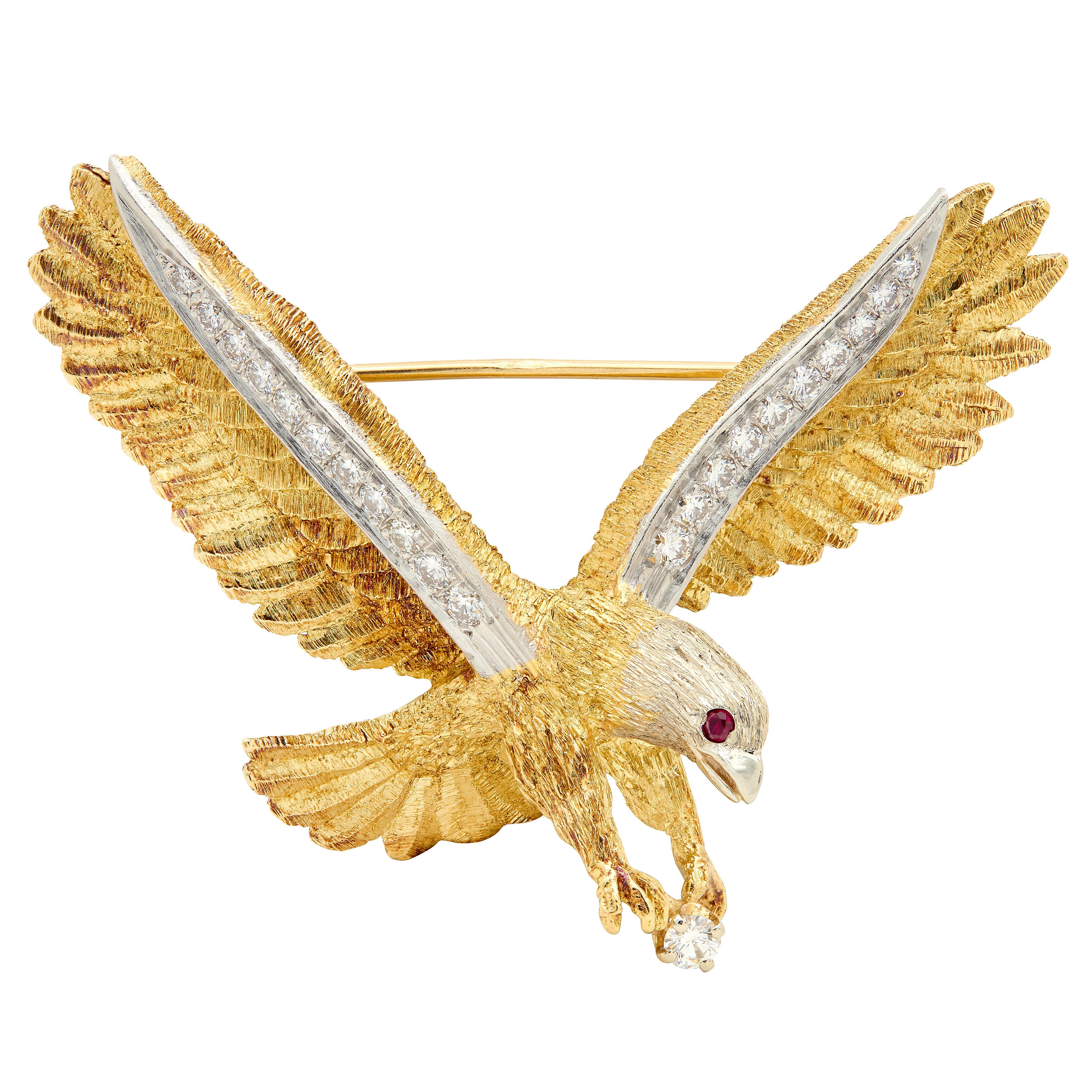 Women's Mid-Century Diamond Ruby Platinum 18K Two-Tone Gold Vintage Bald Eagle Brooch For Sale