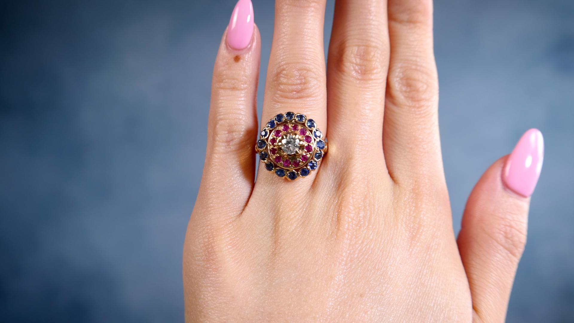 Old European Cut Mid-Century Diamond Ruby Sapphire 18k Yellow Gold Double Halo Ring For Sale