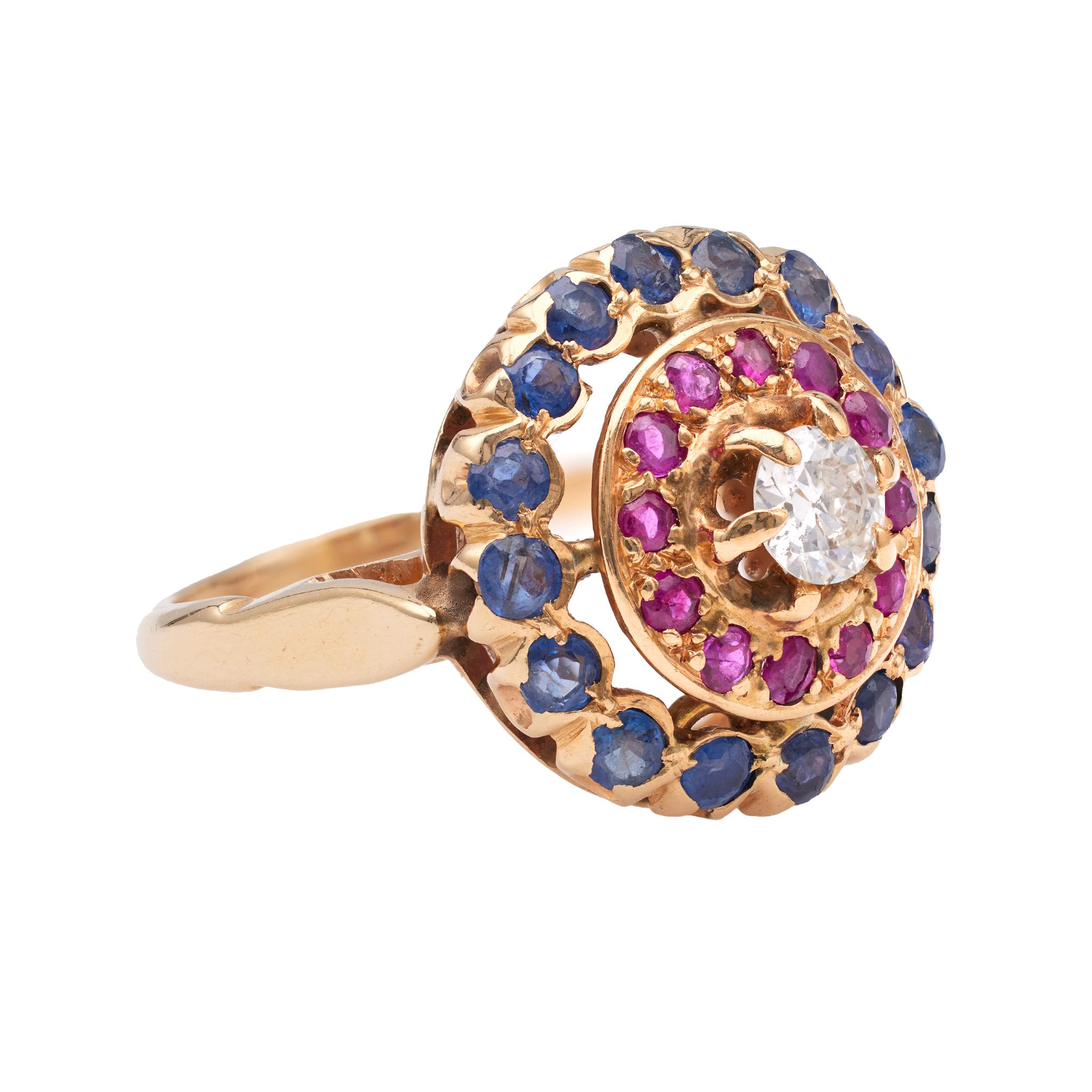 Mid-Century Diamant Rubin Saphir 18k Gelbgold Doppel-Halo-Ring für Damen oder Herren im Angebot