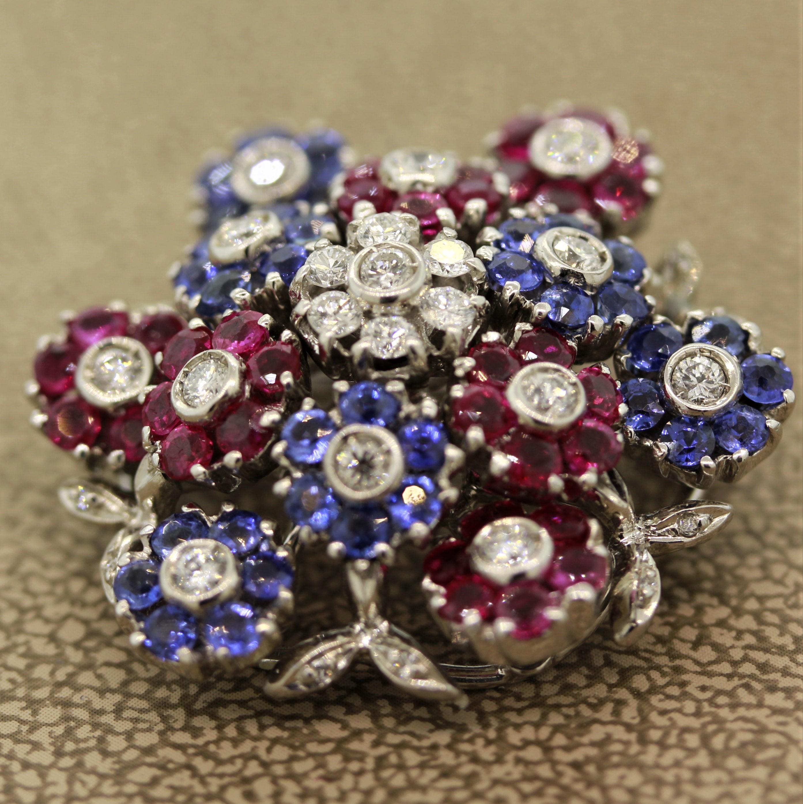 Round Cut Midcentury Diamond Ruby Sapphire Gold Dancing Flowers Brooch