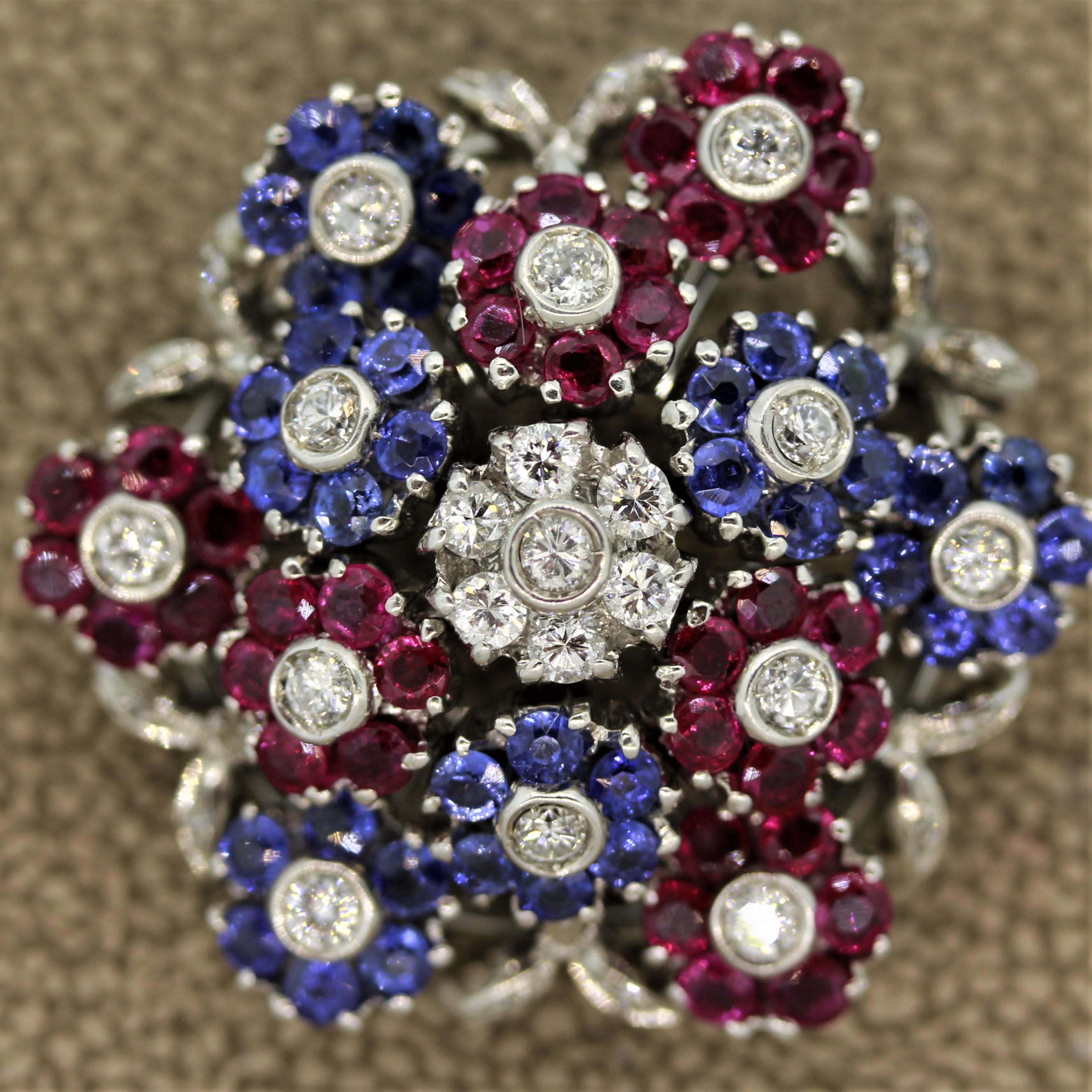 Midcentury Diamond Ruby Sapphire Gold Dancing Flowers Brooch In Excellent Condition In Beverly Hills, CA