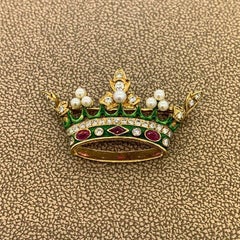Mid-Century Diamond Ruby Seed-Pearl Enamel Royal Crown Brooch