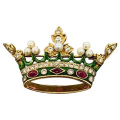 Royal Crown Brosche aus der Mitte des Jahrhunderts mit Diamant, Rubin, Saatperlen und Emaille