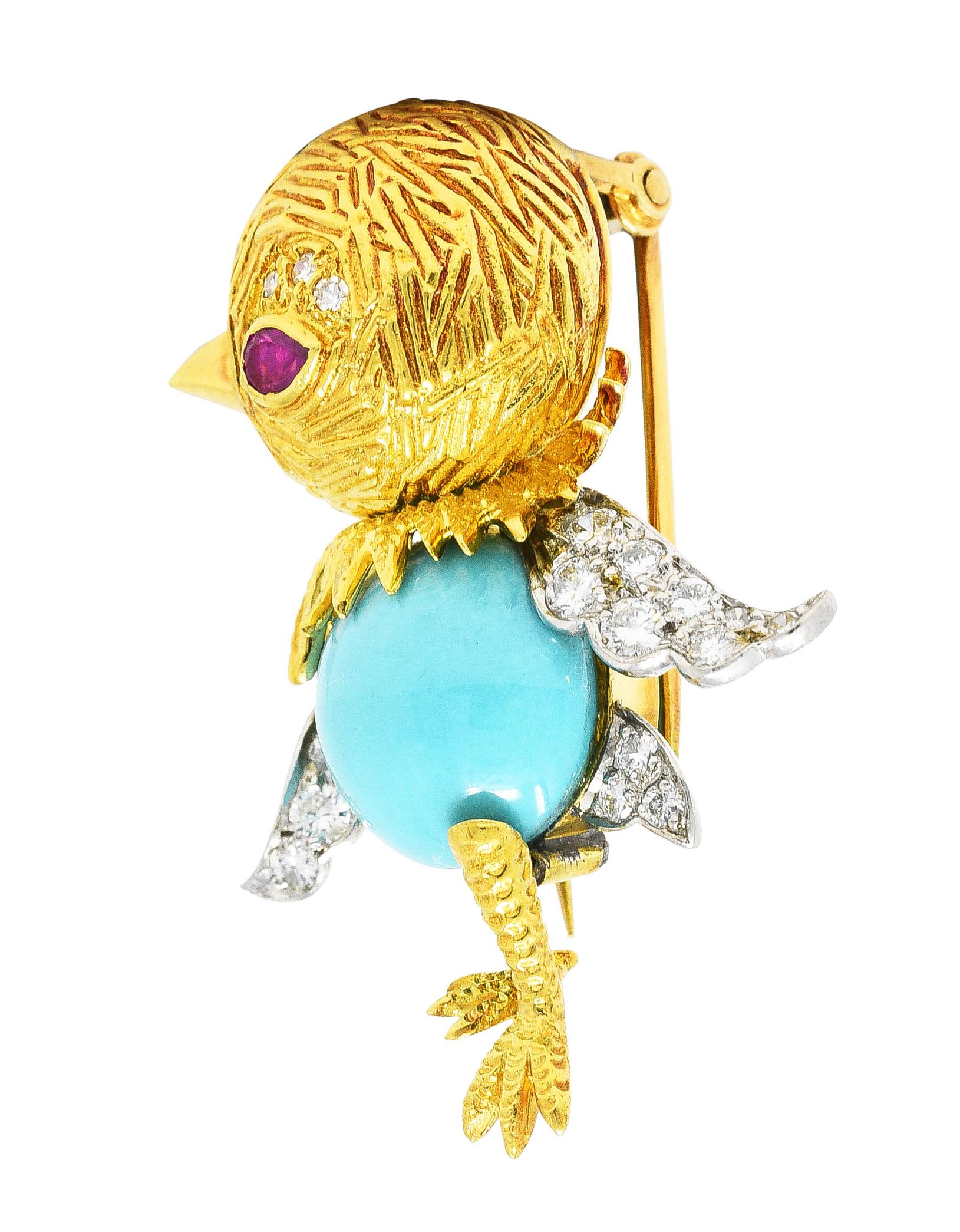 Cabochon Mid-Century Diamond Ruby Turquoise Platinum 18 Karat Yellow Gold Bird Brooch