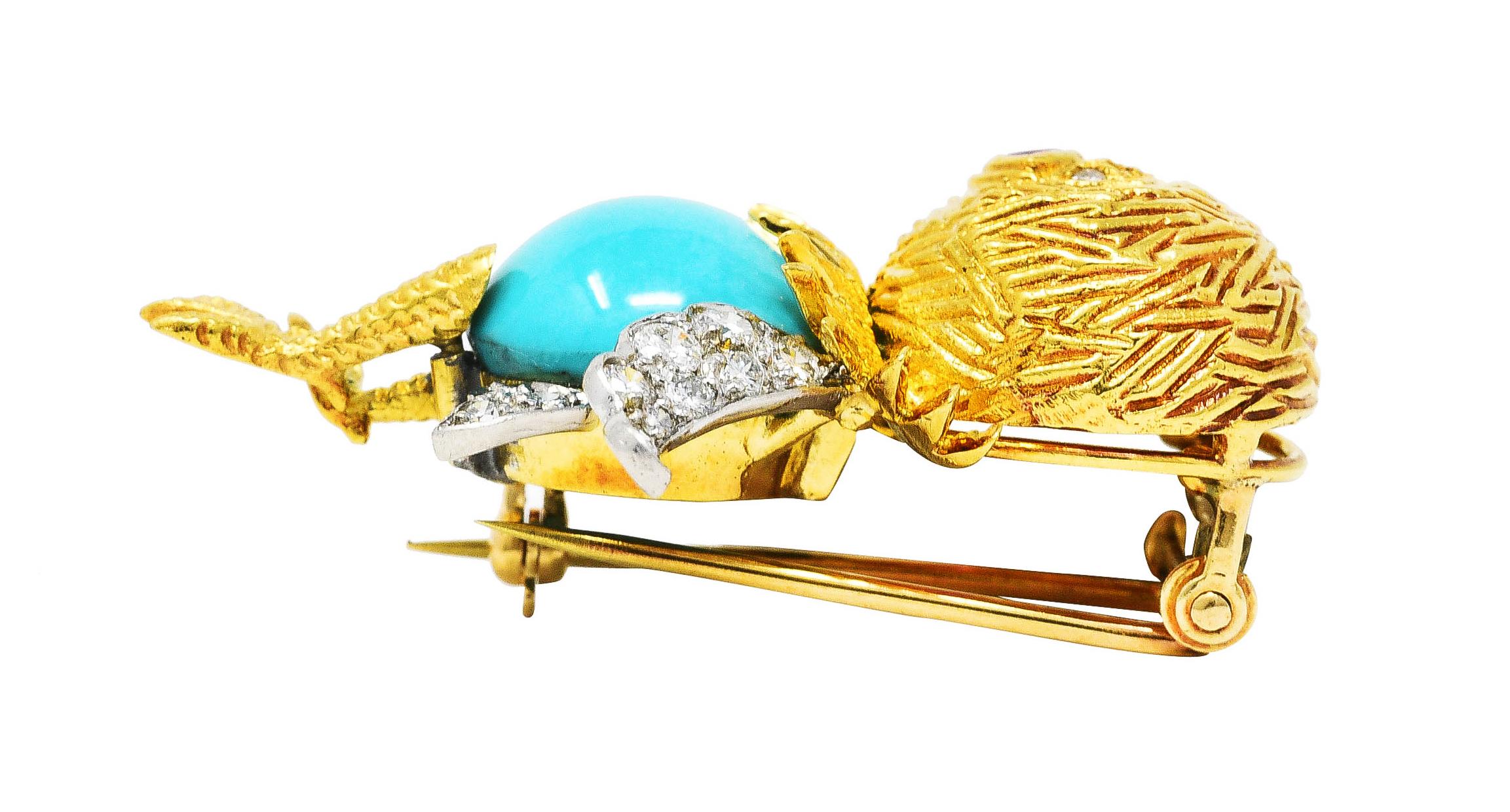 Women's or Men's Mid-Century Diamond Ruby Turquoise Platinum 18 Karat Yellow Gold Bird Brooch