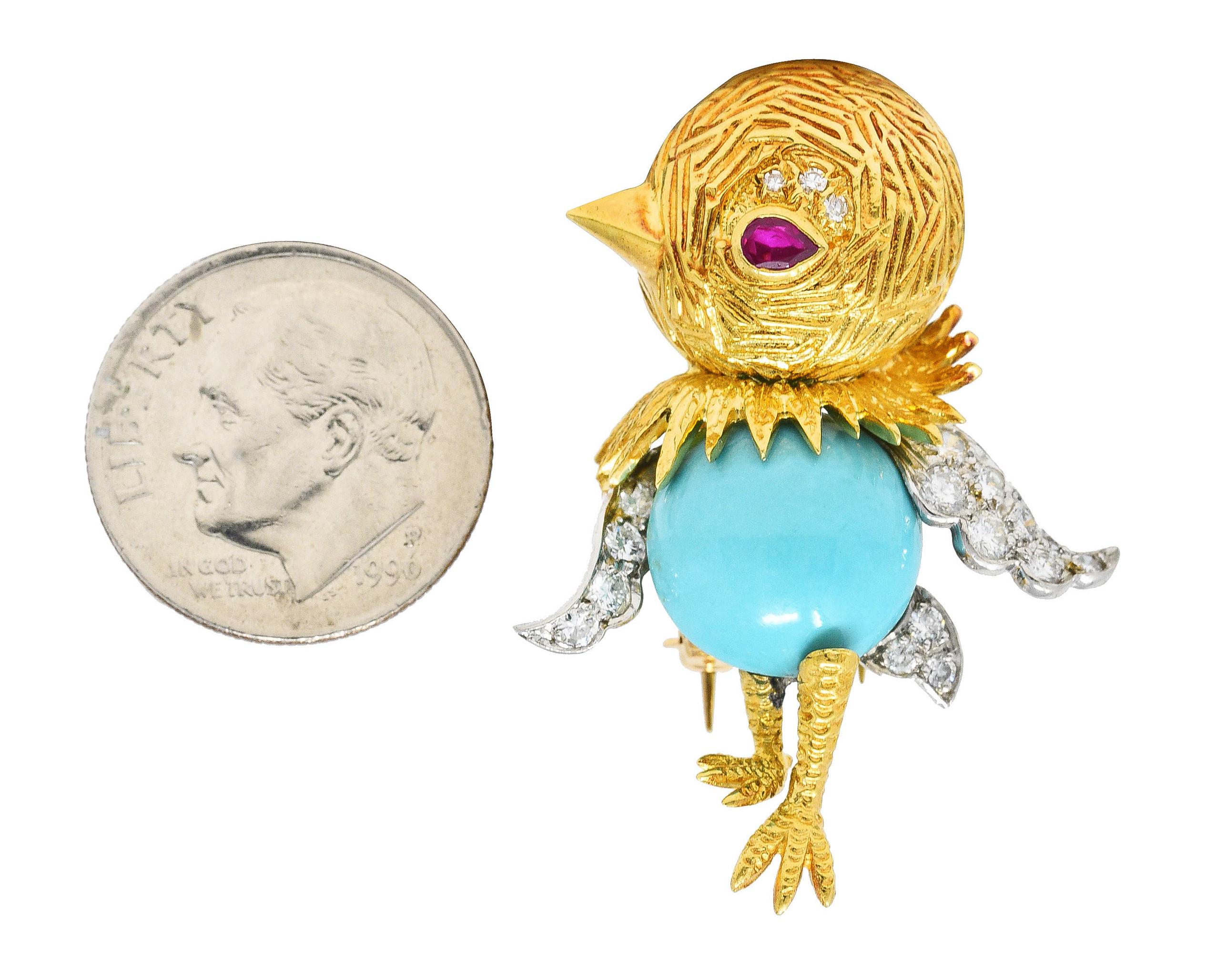 Mid-Century Diamond Ruby Turquoise Platinum 18 Karat Yellow Gold Bird Brooch 1