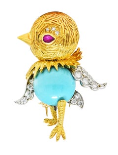 Mid-Century Diamond Ruby Turquoise Platinum 18 Karat Yellow Gold Bird Brooch